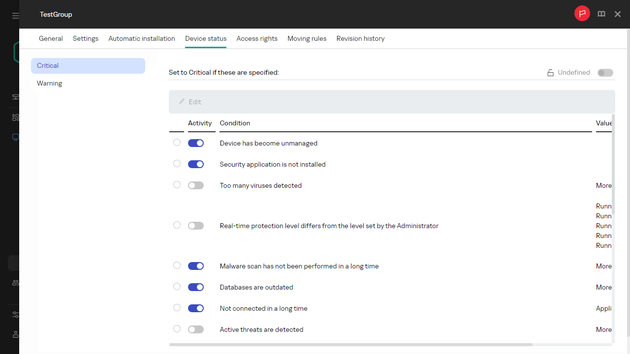 Festlegen des Status "Kritisch" in der Gruppe "Gerätestatus".