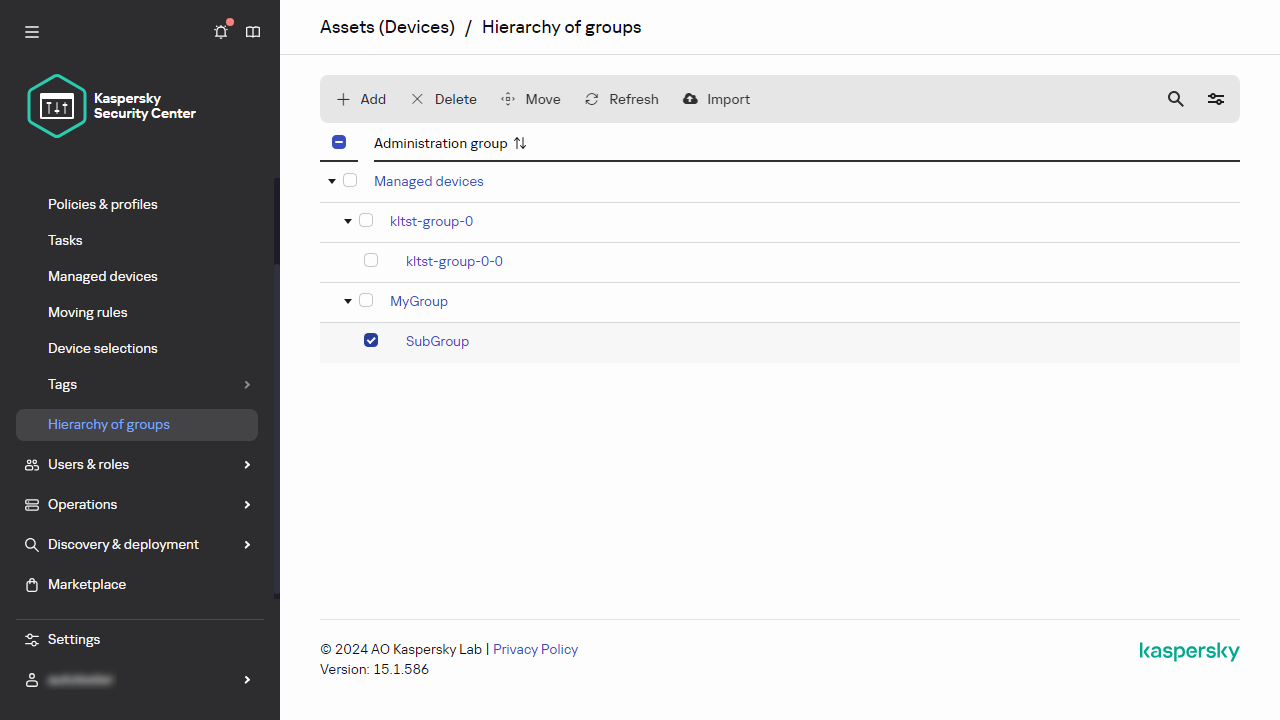 Gruppenhierarchie mit ausgewählter Untergruppe.