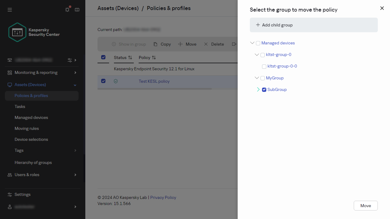 Wählen Sie die Gruppe aus, um den Richtliniendialog zu verschieben.