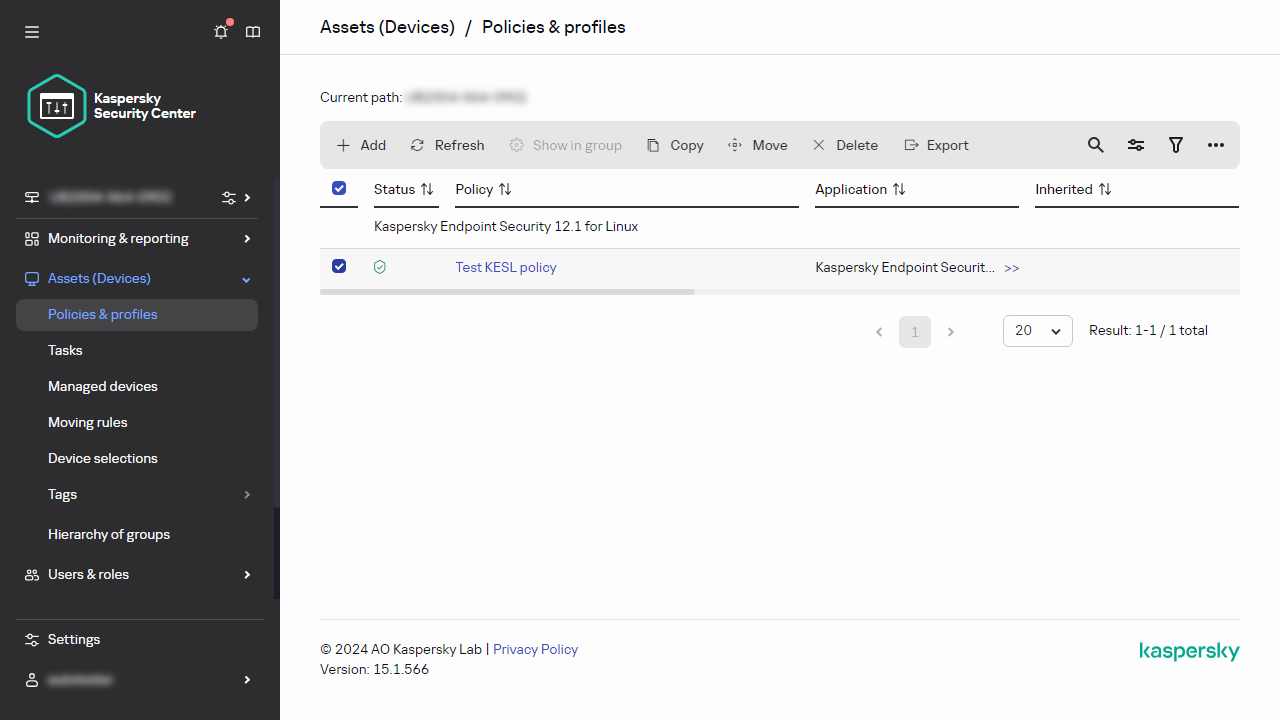 Das Fenster "Richtlinien und Profile" mit der ausgewählten Richtlinie.