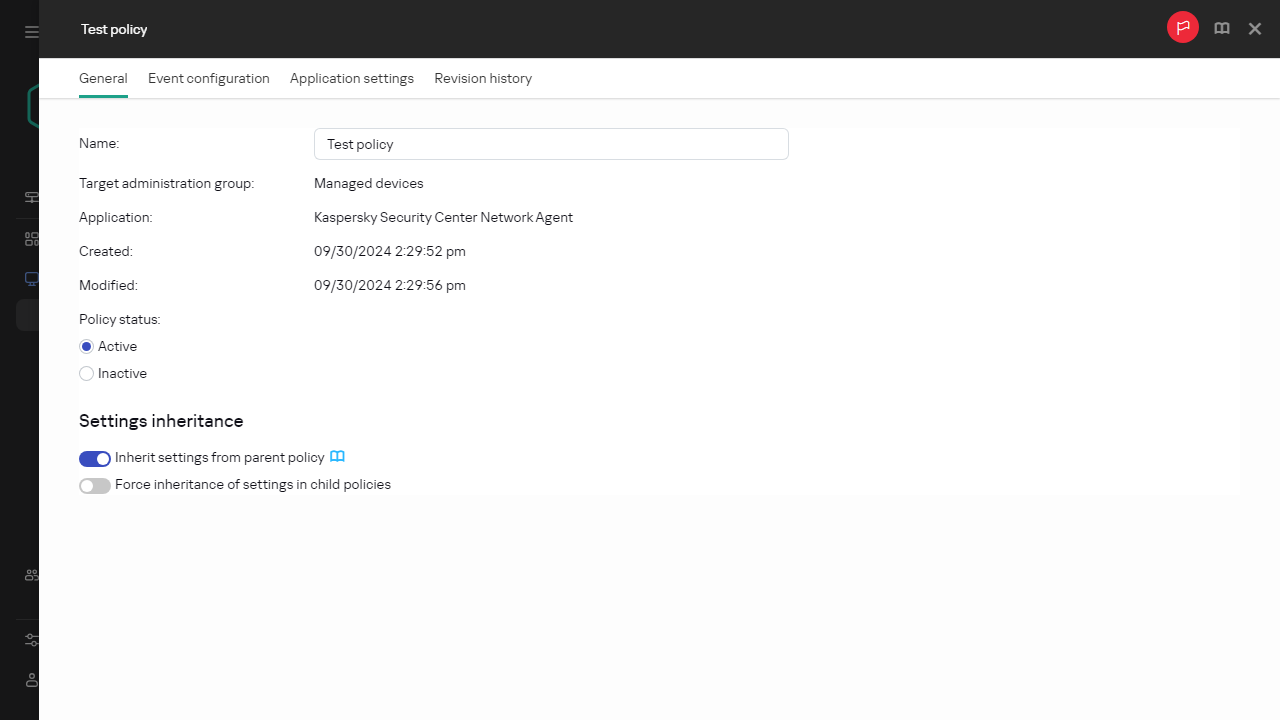 Die Registerkarte "Allgemein" in der Richtlinie "Test".