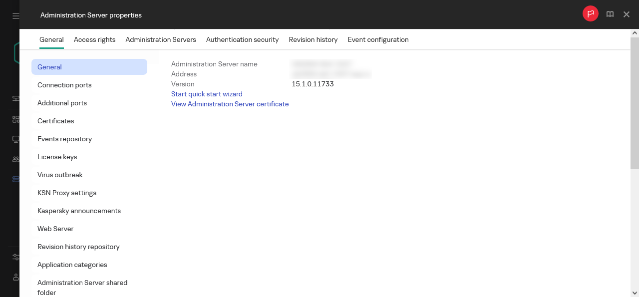 Ein Screenshot des Fensters des Administrationsservers, das einen Link zum Starten des Schnellstartassistenten enthält.
