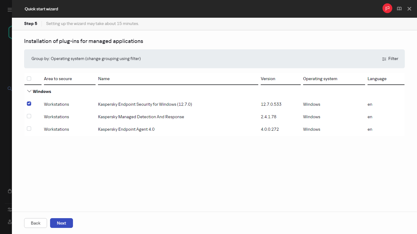 Der Schritt "Installation von Plug-ins" des Schnellstartassistenten.