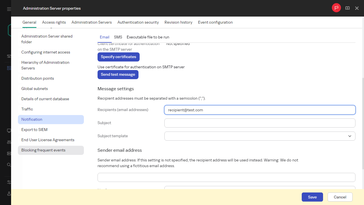 Benachrichtigung auf der Registerkarte "Allgemein" in den Eigenschaften des Administrationsservers.