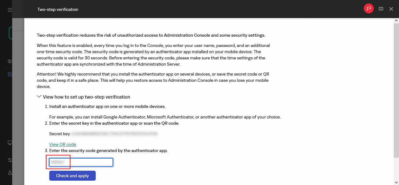 Das Fenster für die zweistufige Überprüfung.