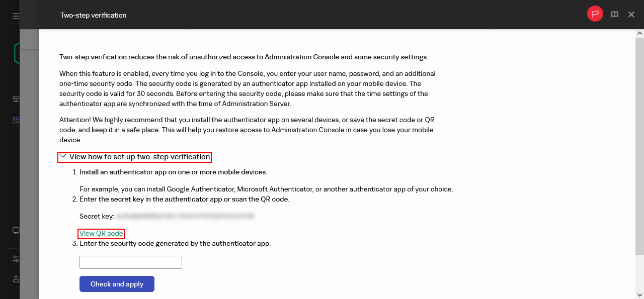 Das Fenster für die zweistufige Überprüfung.