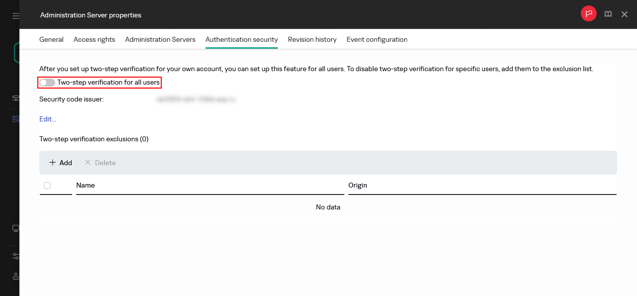 Die Registerkarte "Sicherheit beim Authentifizieren" in den Eigenschaften des Administrationsservers.