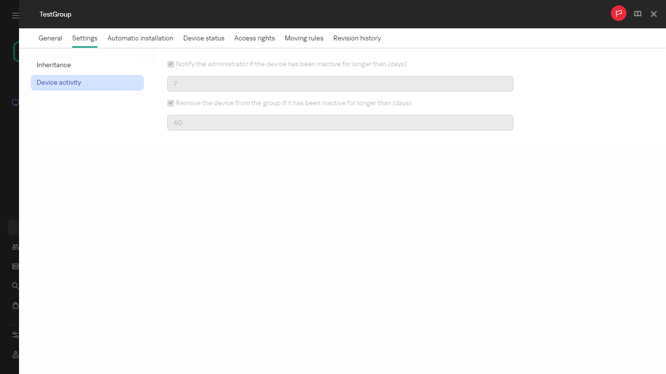 Device activity in the Settings tab.
