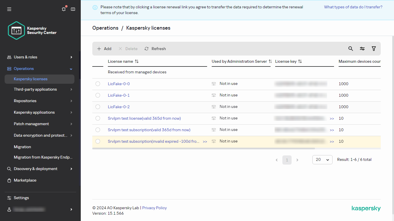 List of Kaspersky licenses.