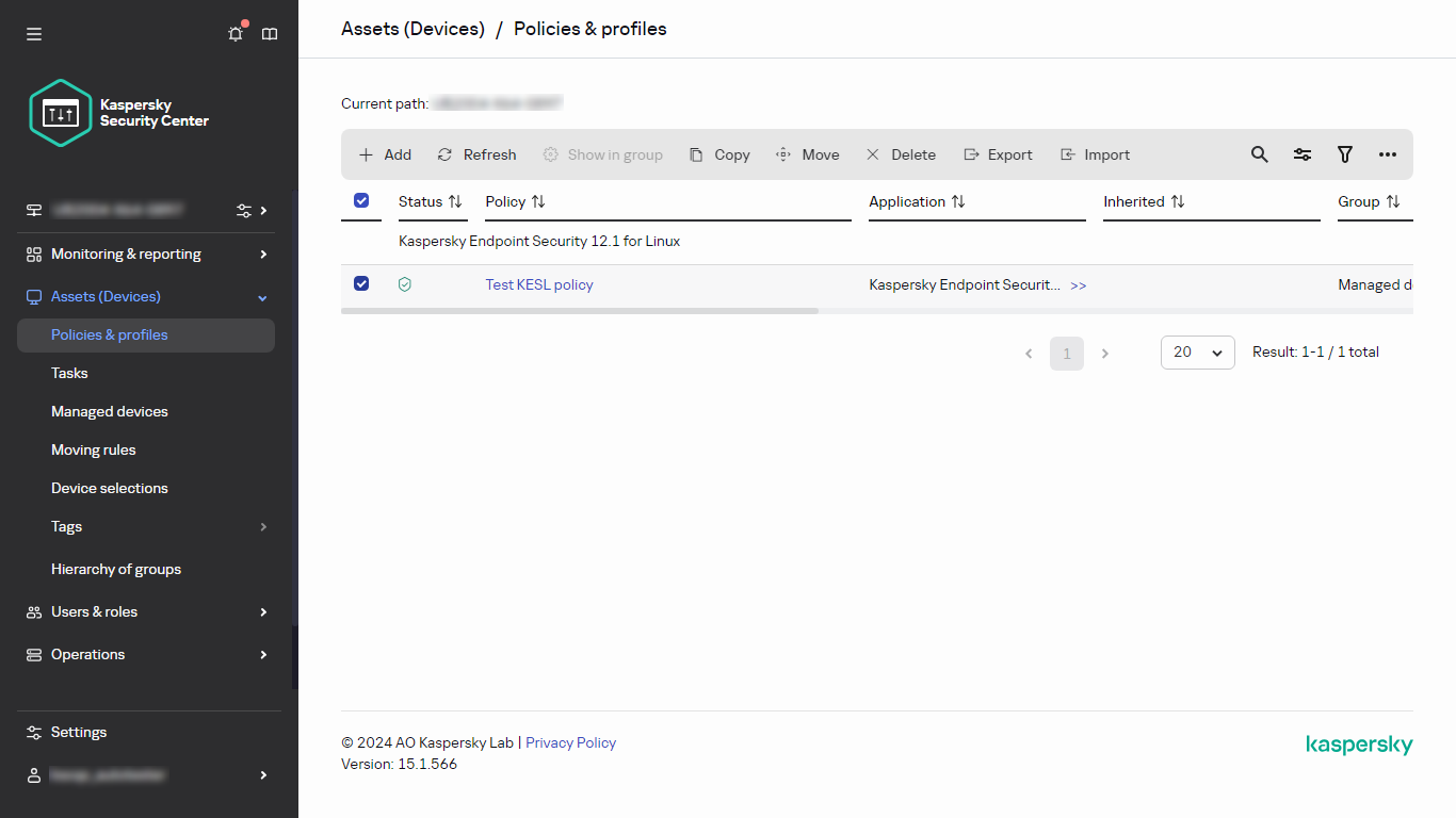 Policies and profiles window with the selected policy.