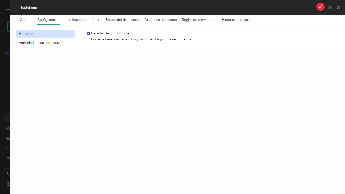 Pestaña Configuración del grupo de prueba.
