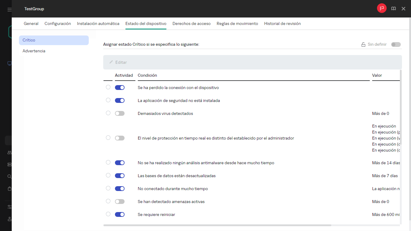 Establecer el estado Crítico en el grupo Estado del dispositivo.