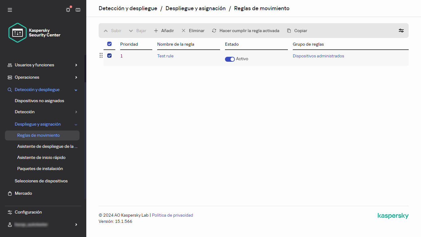 Fila seleccionada en la sección Reglas de movimiento.