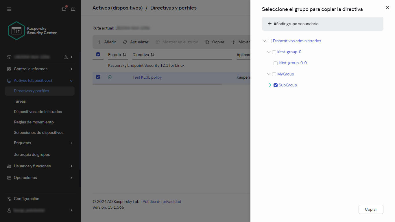 Seleccione el grupo al que desea copiar el panel de directivas