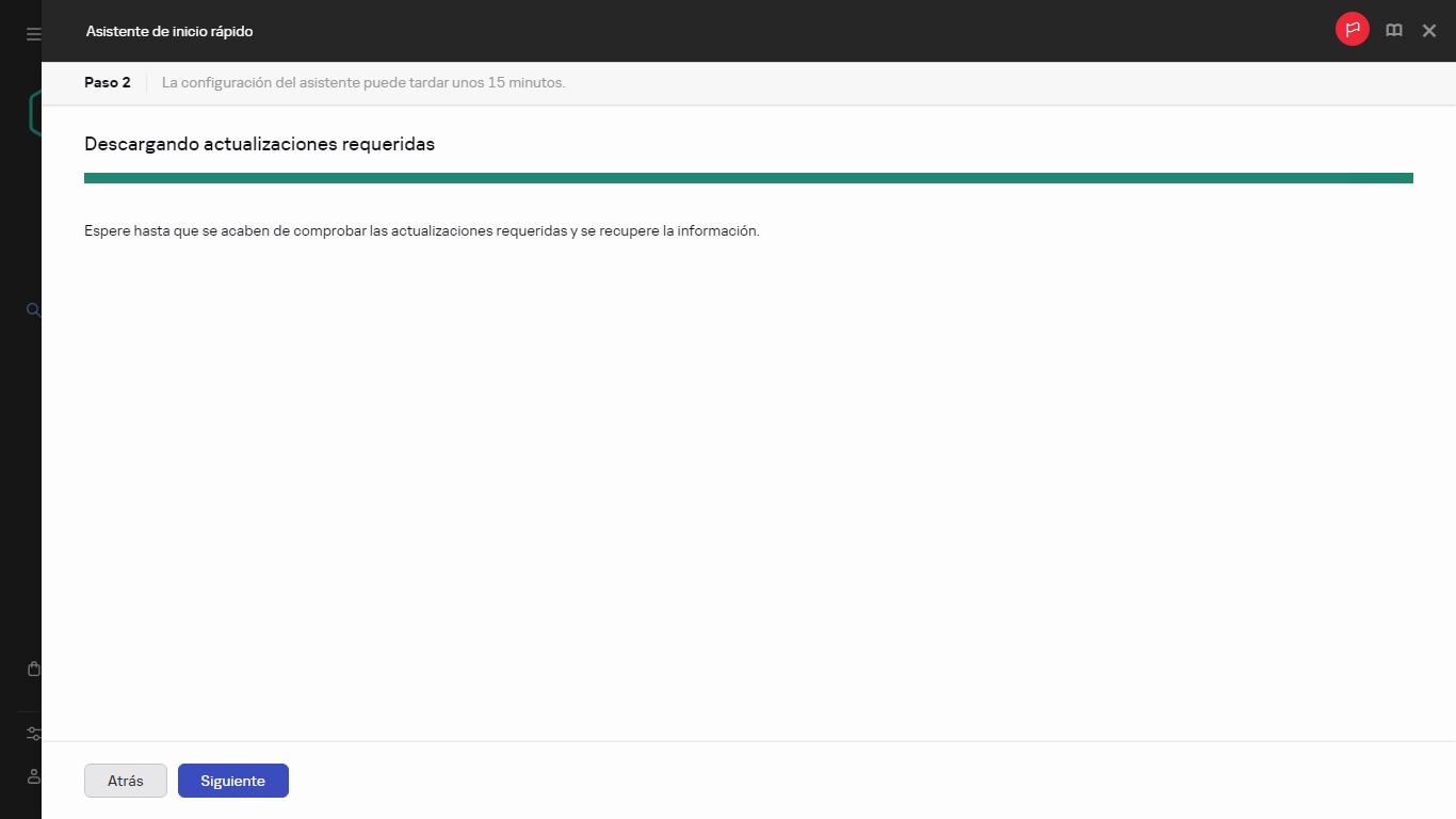 El paso de descarga de actualizaciones requeridas del Asistente de inicio rápido.