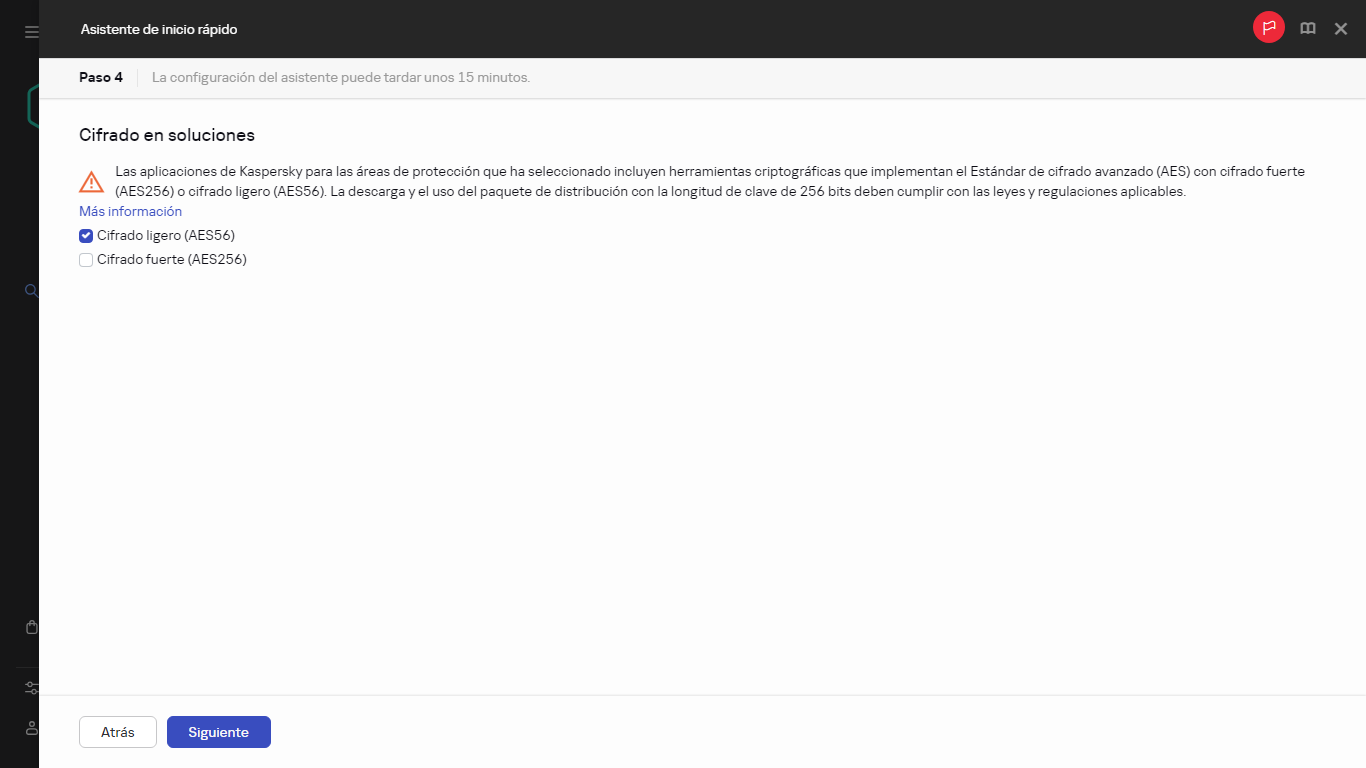 El paso de cifrado en soluciones del Asistente de inicio rápido.