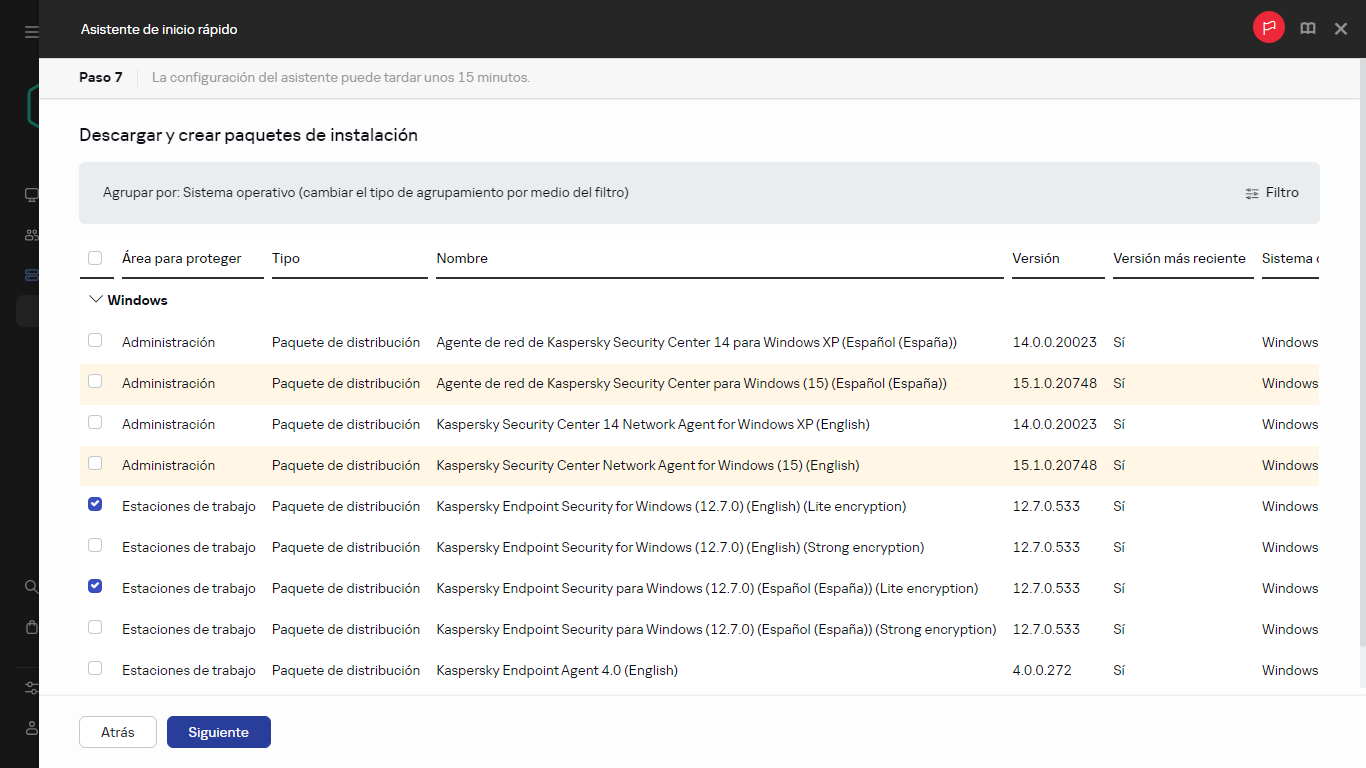 El paso de creación de paquetes de instalación del Asistente de inicio rápido.