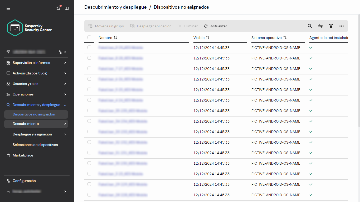 La sección Dispositivos no asignados en Detección y despliegue.