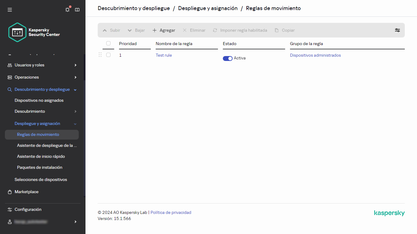 Sección de reglas de movimiento de Kaspersky Security Center.