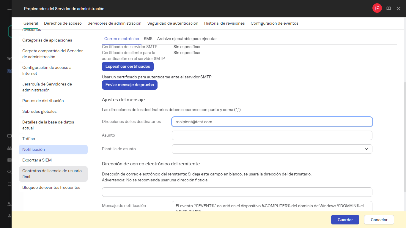 Notificación en la pestaña General de las propiedades del Servidor de administración.