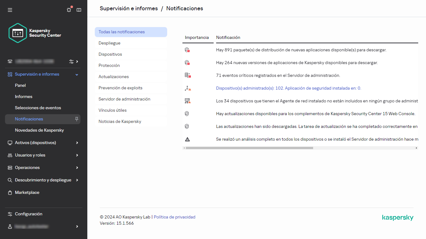 La sección Notificaciones en Control e informes.