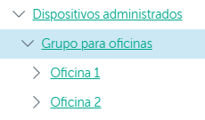 Un nodo "Dispositivos administrados" contiene la carpeta "Grupo raíz para oficinas"; en esta carpeta se encuentran los servidores de administración y los grupos "Oficina 1" y "Oficina 2".