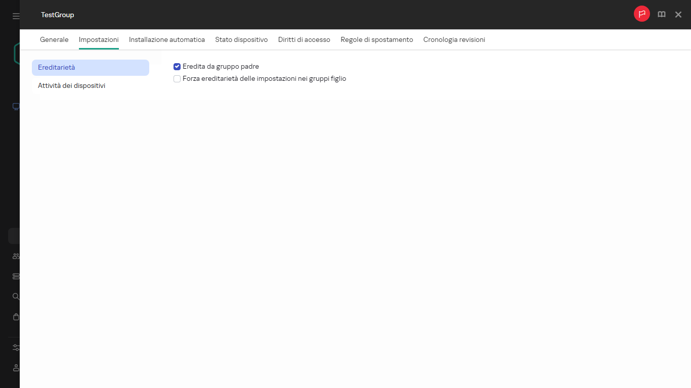 Scheda Impostazioni per il gruppo Test.