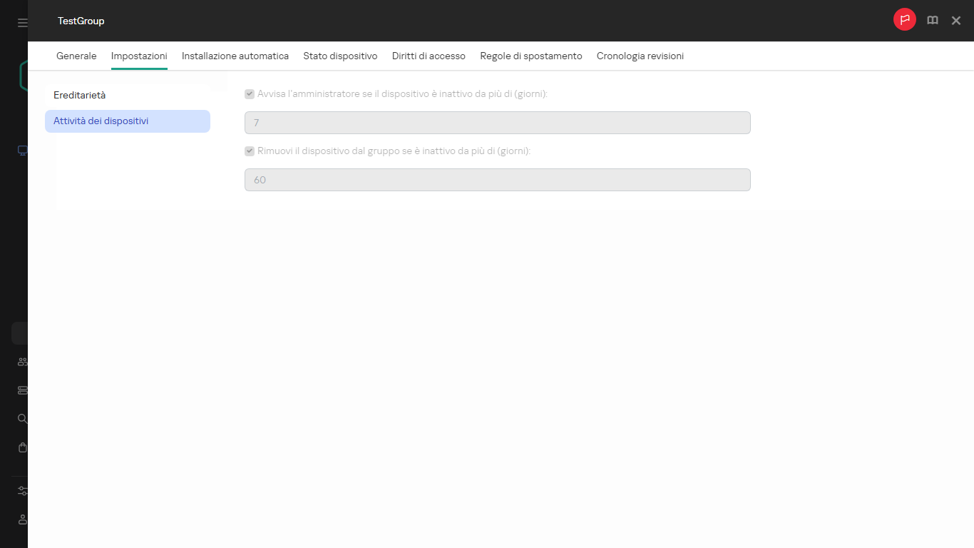 Attività dei dispositivi nella scheda Impostazioni.