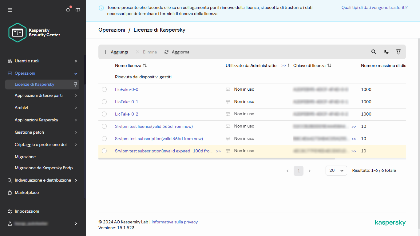 Elenco delle licenze Kaspersky.