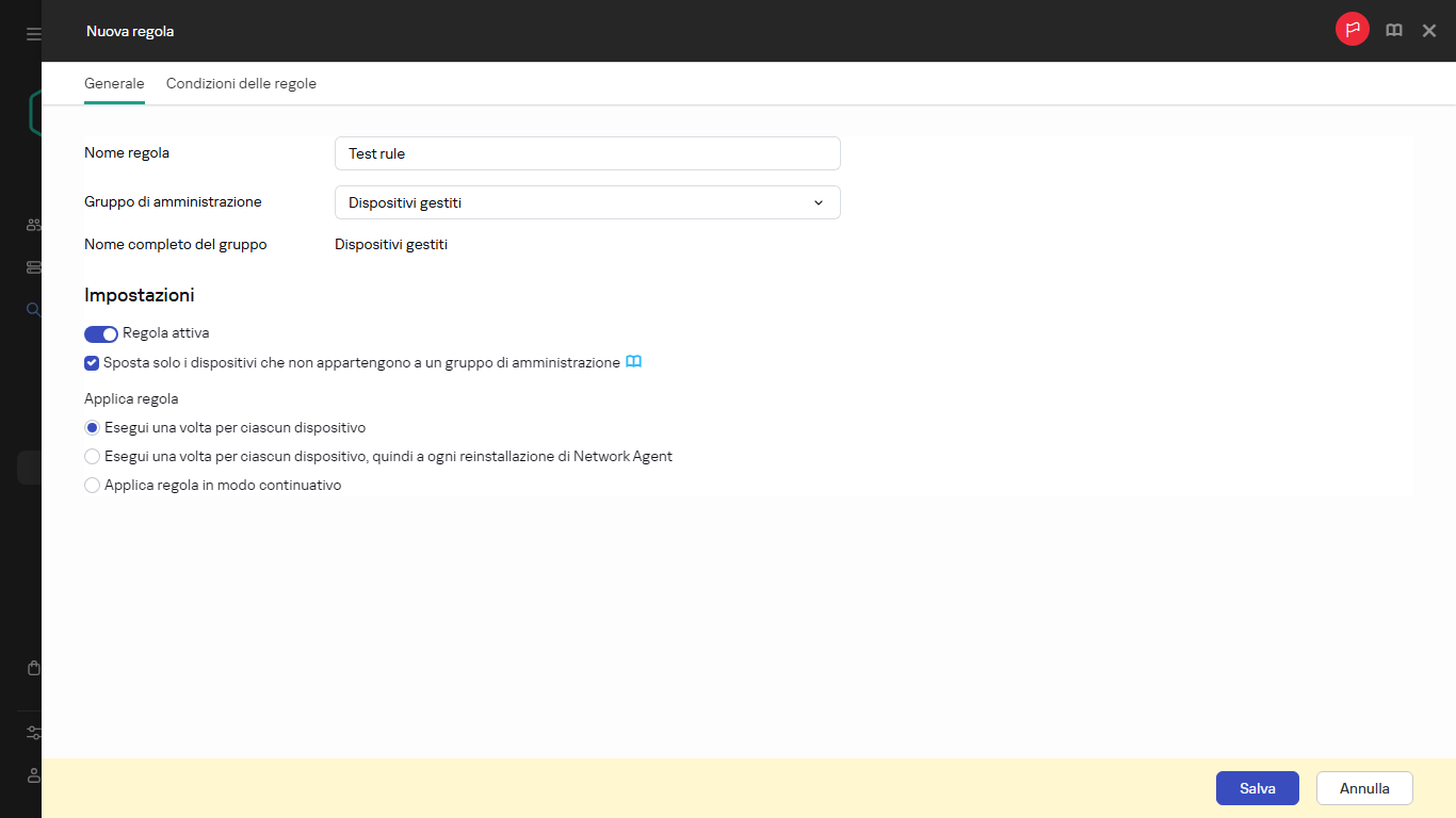 Finestra di creazione della nuova regola.