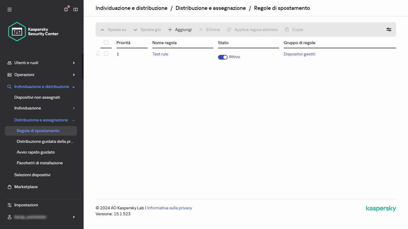 Sezione dedicata alle regole di spostamento di Kaspersky Security Center.