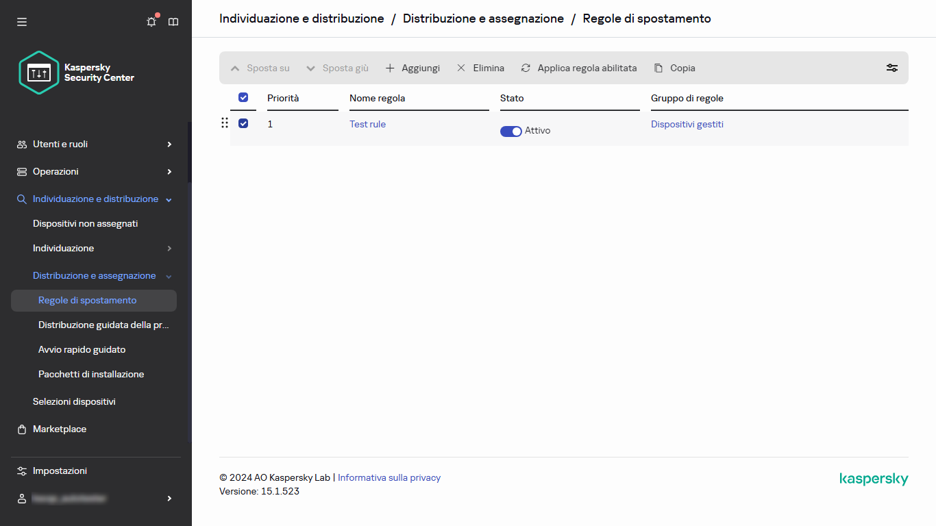 Riga selezionata nella sezione Regole di spostamento.