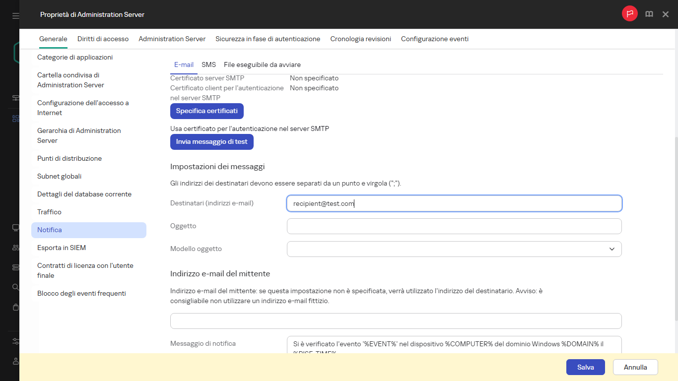 Notifica nella scheda Generale delle proprietà di Administration Server.