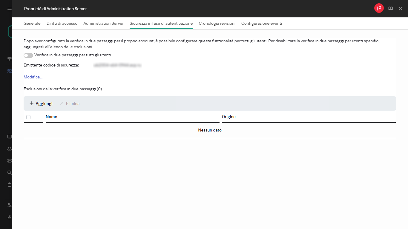 Scheda Sicurezza in fase di autenticazione nelle proprietà di Administration Server.