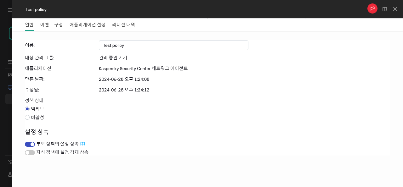 테스트 정책의 일반 탭.