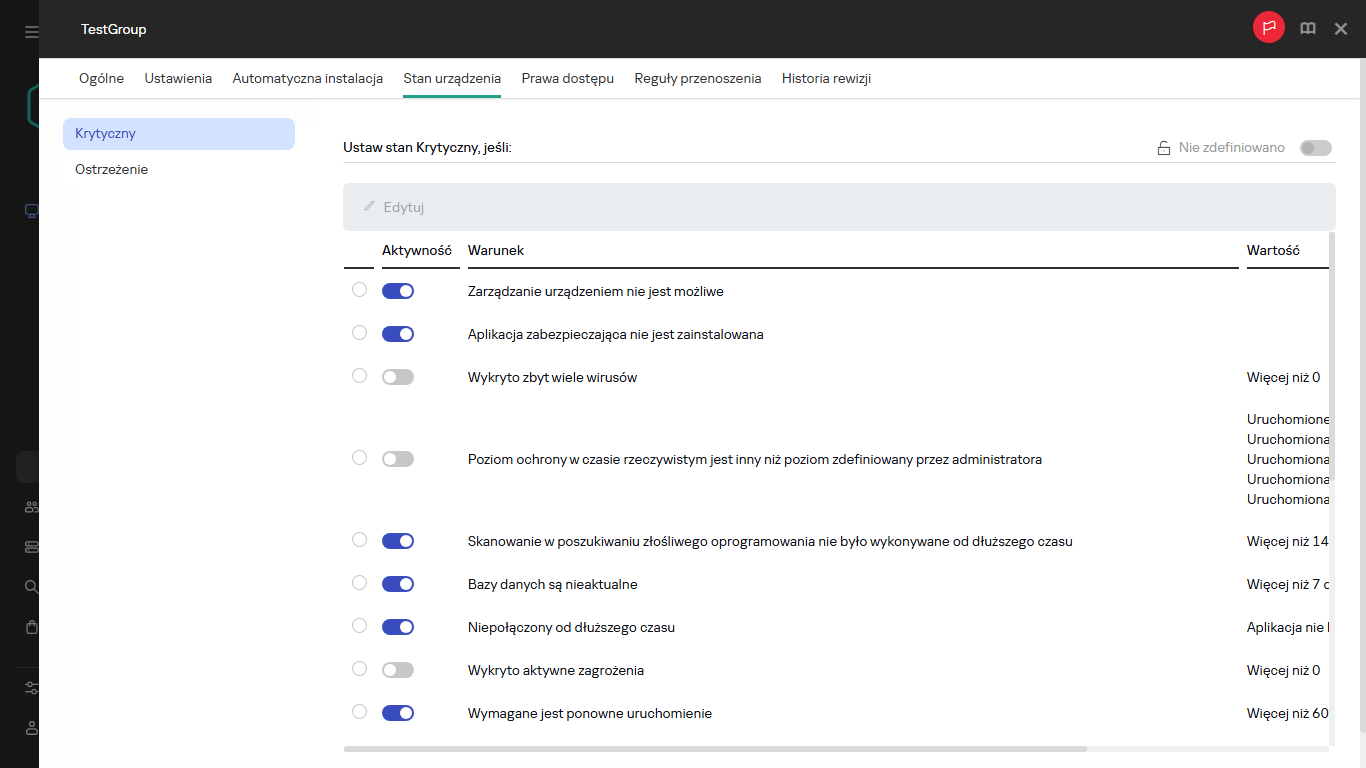 Ustawianie stanu Krytycznego w grupie stan urządzenia.