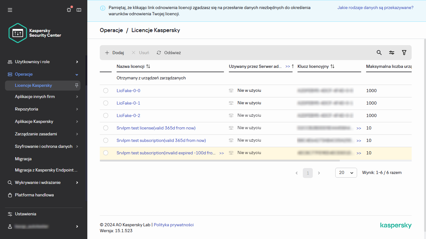 Lista licencji Kaspersky.