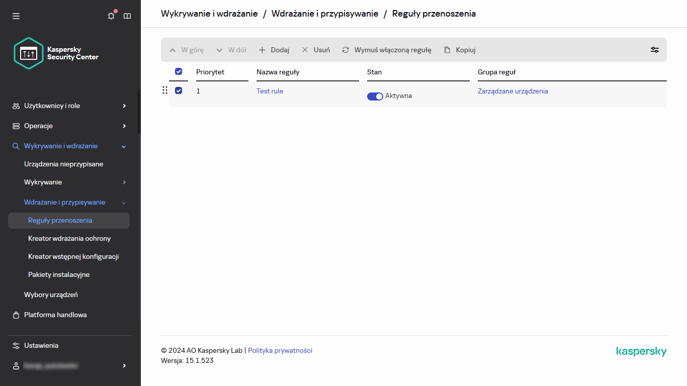 Wybrany wiersz w sekcji Reguły przenoszenia.