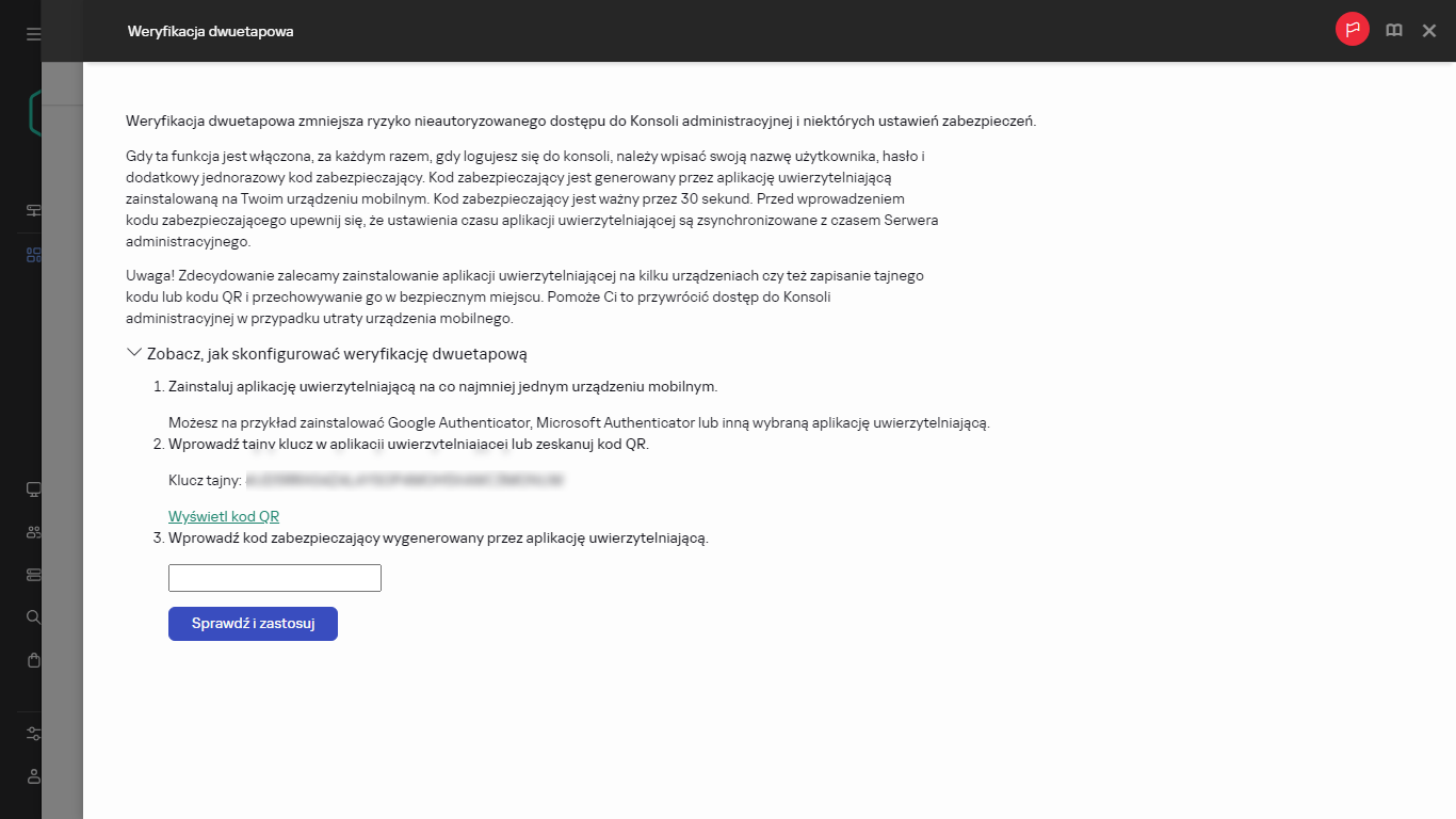 Okno weryfikacji dwuetapowej.