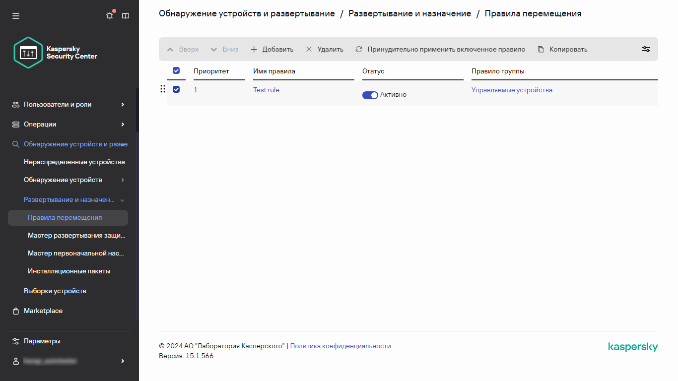 Выбранная строка в разделе Правила перемещения.