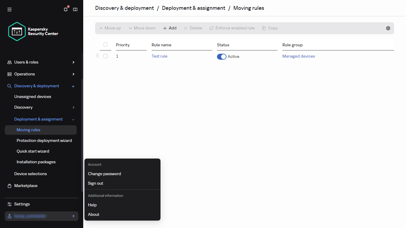 The moving rules section of Kaspersky Security Center.