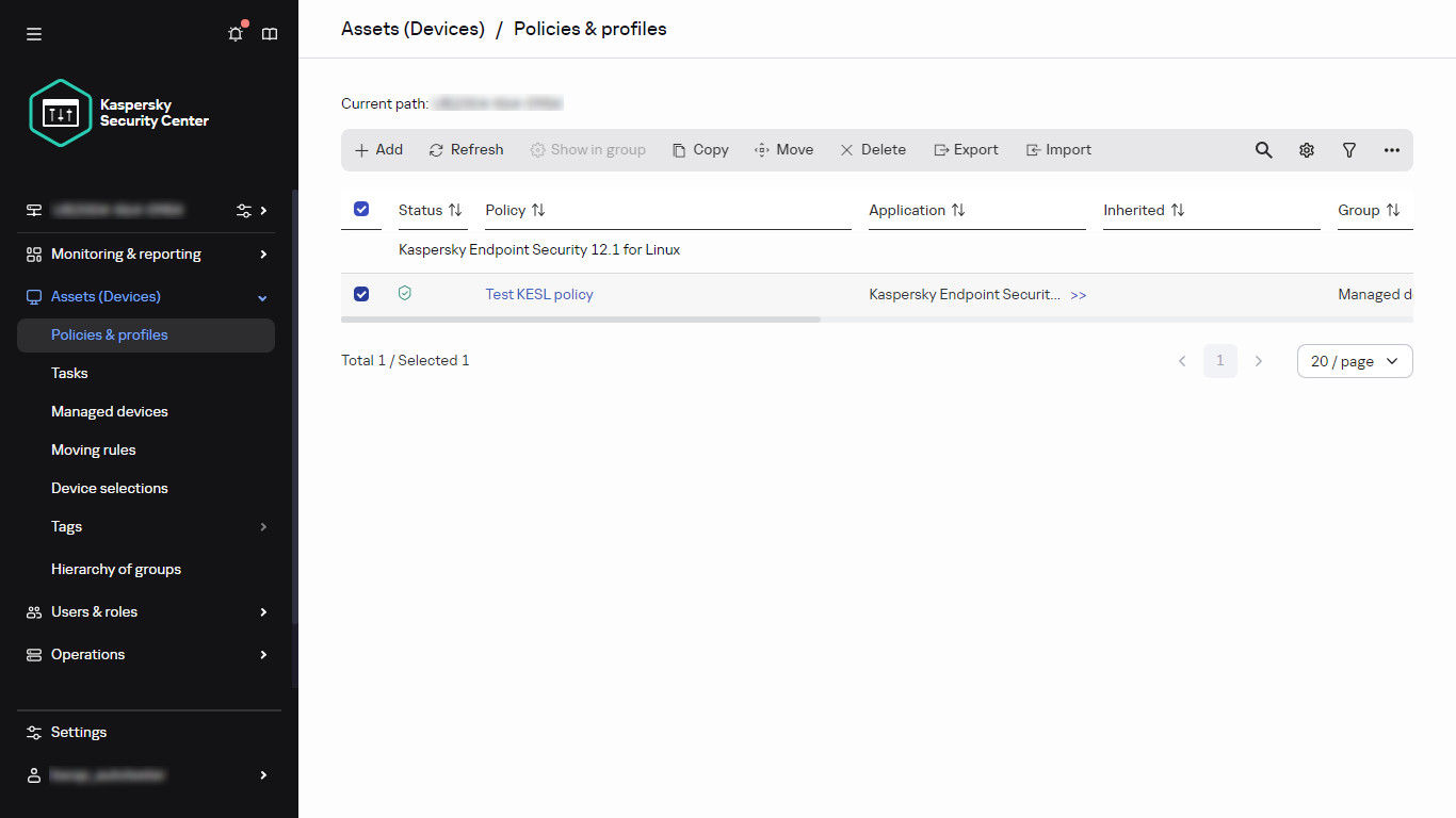 Policies and profiles: a policy with a checkbox selected.