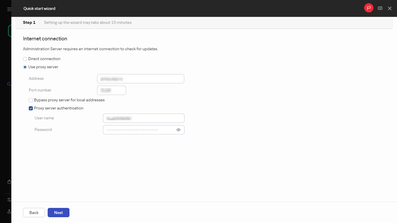 The Internet connection step of Quick start wizard.
