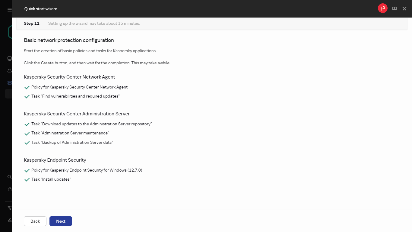 The Creating tasks and policies step of Quick start wizard.