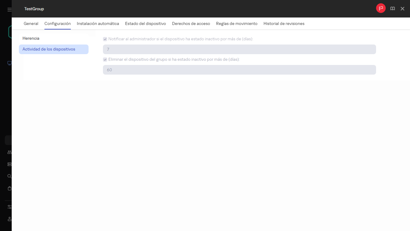 Actividad de los dispositivos en la pestaña Configuración.