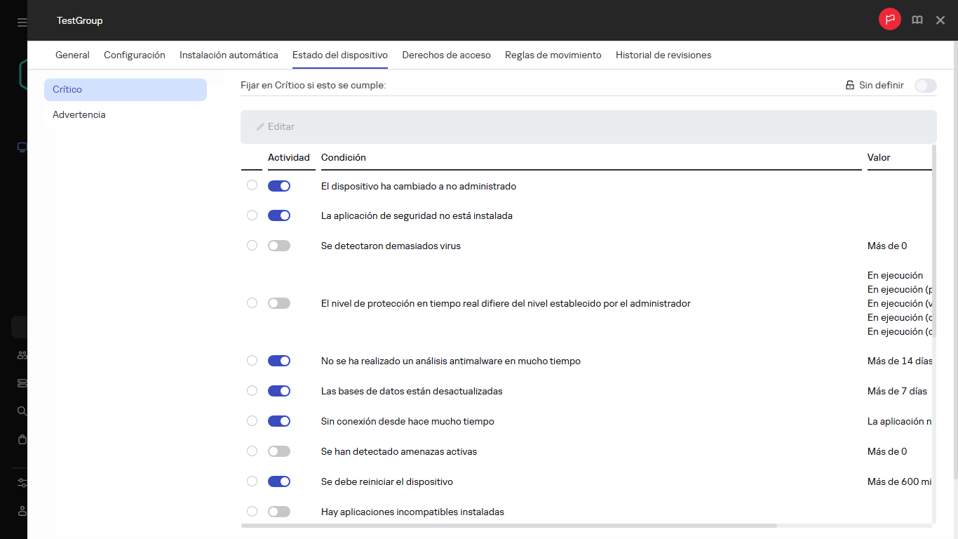 Establecer el estado Crítico en el grupo Estado del dispositivo.