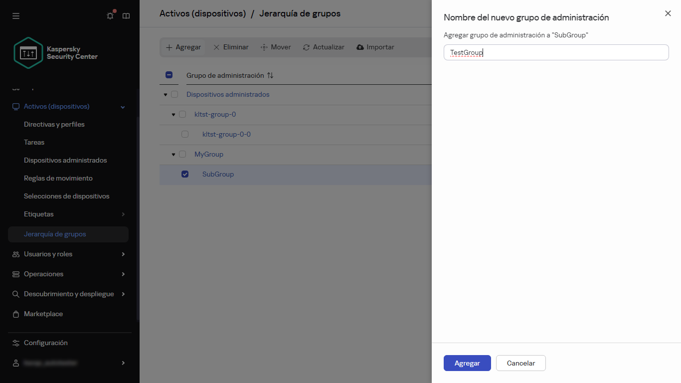 Panel de Agregar un nuevo grupo.