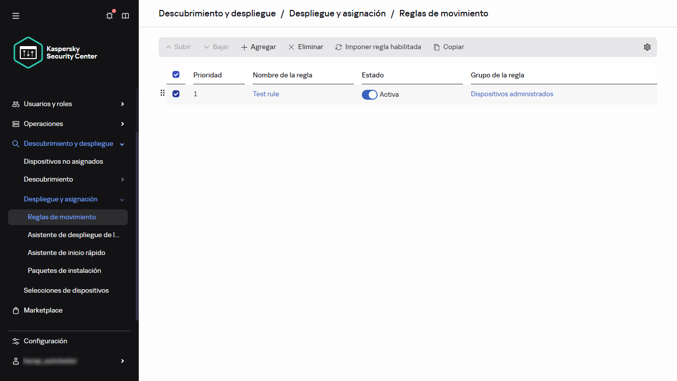 Fila seleccionada en la sección Reglas de movimiento.