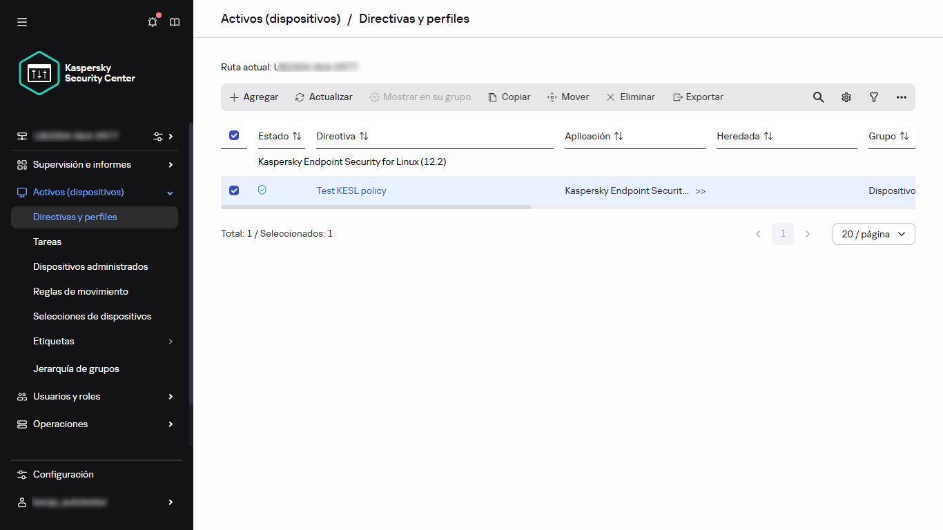 Directivas y perfiles: una directiva con una casilla seleccionada.