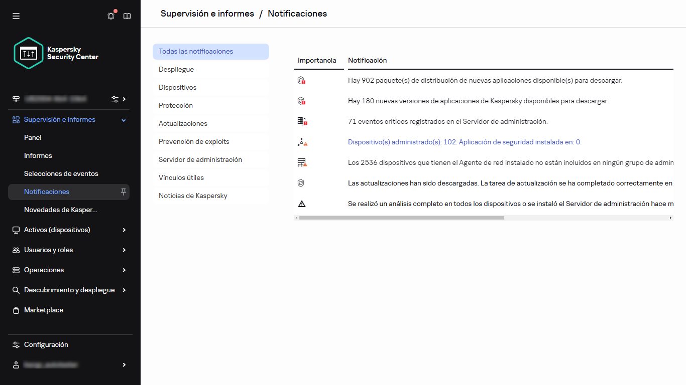 La sección Notificaciones en Control e informes.